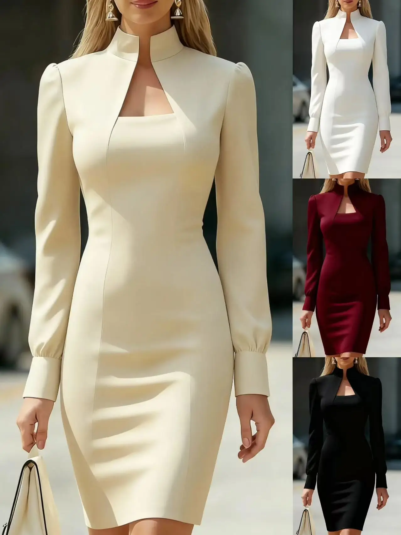 Elegantes, langärmliges, figurbetontes Kleid. Schickes Herbst-/Winter-Midikleid für Büro und Party für Damen – Detail 2