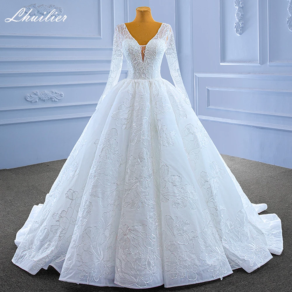 

Lhuilier Real Photos A Line V Neck Lace Wedding Dresses Floor Length Long Sleeves Bridal Dress with Court Train