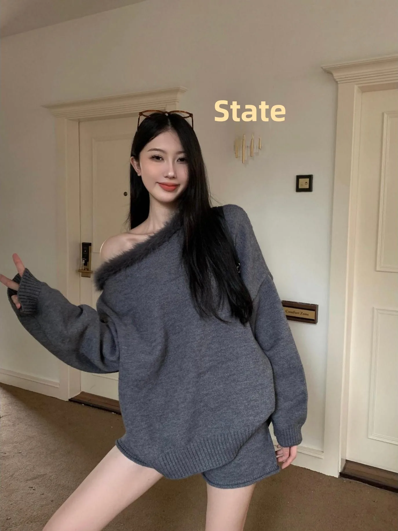 カジュアルなニットセーターとショートパンツのツーピースセット（女性用）肩出しルーズフィットロングスリーブサーマルファッション秋...