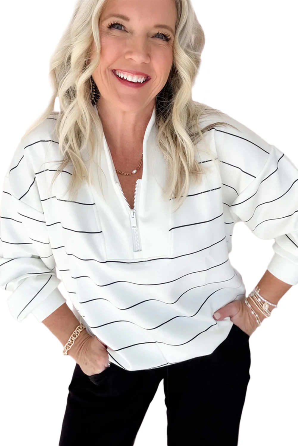 

Женский полосатый пуловер с принтом, осенний вязаный топ с длинными рукавами и полумолнией на полумолнииLD800047