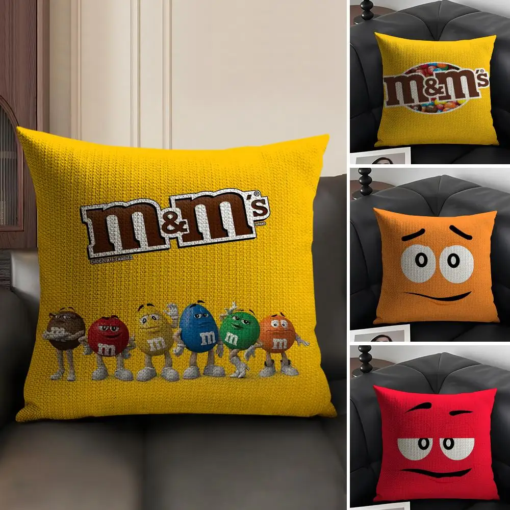 M-M&MS Chocolate Brand Cushion Cover Natural Linen Organic Fabric Double-Sided Printing Sofa Home Decor Gift Pillow Case