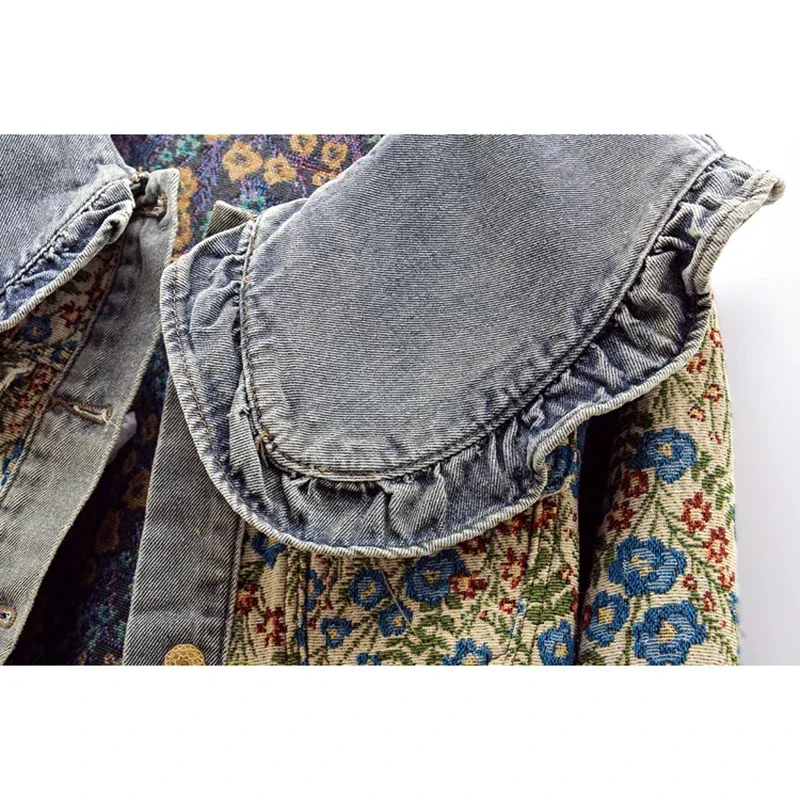 Ruffles Embroidery Jacquard Peter Pan Collar Spliced Denim Jacket Women Short Cowboy Outwear Jeans Jacket Female Chaquetas Mujer