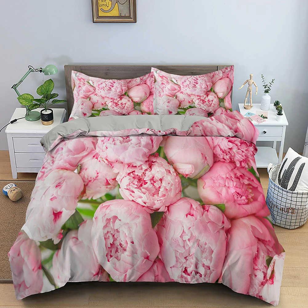 

Theme of Valentine's Day Pink Rose Flowers Duvet Cover Double Queen Quilt Cover with Zipper Bedding Set for Girlfriend Gifts