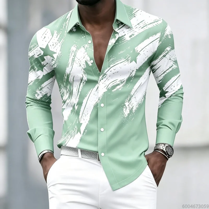 Autumn/Winter Men's Long Sleeved Shirt Button Gradient Pattern Men's Daily Commuting Shirt Men's Casual T-shirt men Y2K Clothing