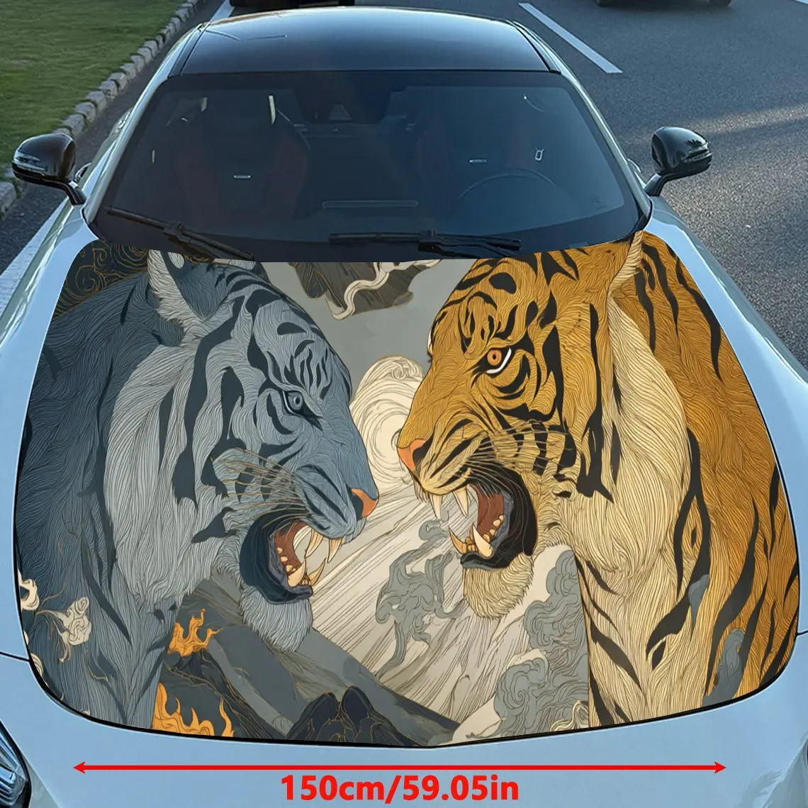 Aggressive Two Tigers Car Hood Stickers - Self-Adhesive, Waterproof and Durable Vinyl Wrap, Decorate And Protect Your Car, Fit F