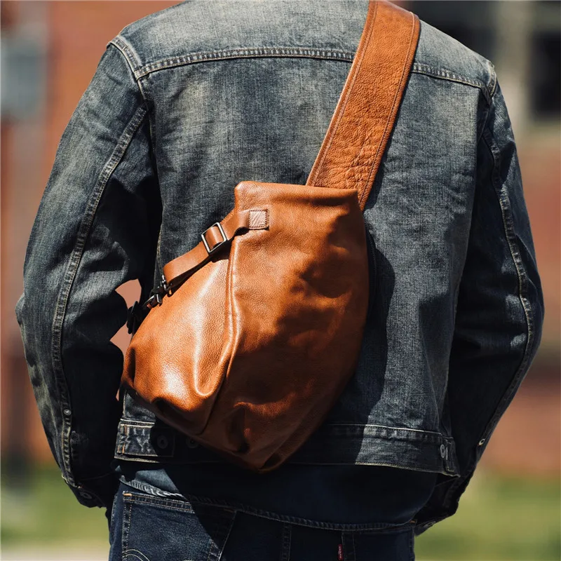 PNDME vintage fashion top layer cowhide men's chest bag casual designer handmade natural soft genuine leather crossbody bag