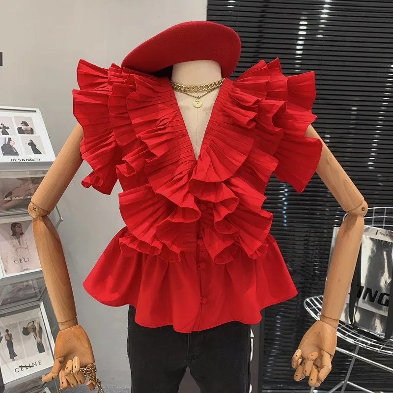 

Single breasted red ruffled edge pleated short shirt for women's summer western-style sleeveless top blusa feminina