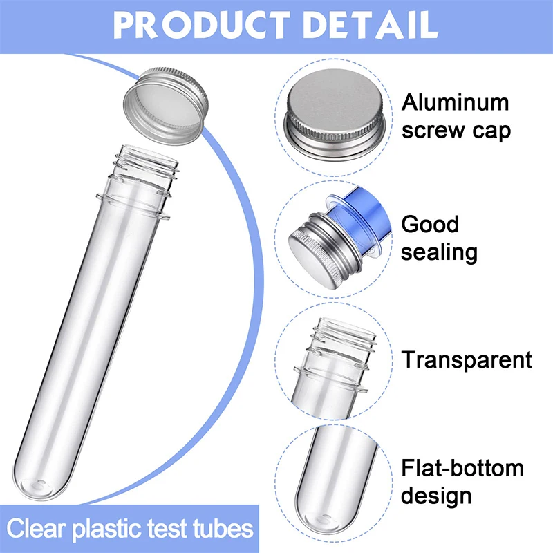 Plastic PET Test Tube com Alumínio Parafuso Tampas, Cilindro Tubos, Doces Container, Banho Sal Tubo, Transparente, 45ml, 20Pcs