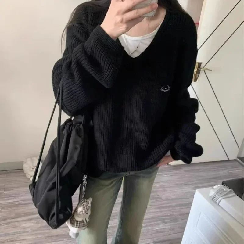 Deeptown Vintage Black Sweaters Woman Oversize Korean Fashion Casual V Neck Jerseys Loose Knitted Pullovers Harajuku Autumn