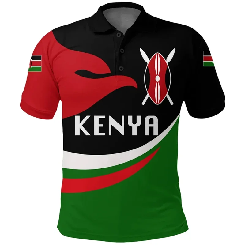 Kenya Tribal Emblem 3D Printing Polo Shirt The Republic-of Kenya Map Flag Graphic Polo Shirts Vintage Fashion Polo T Shirt Men