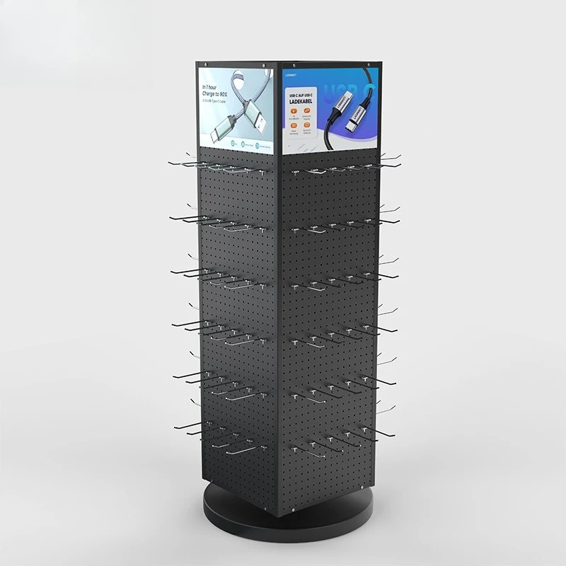 

New mobile rotating digital display stand, hole plate sample shelf, double-sided hook, wrought iron metal display shelf