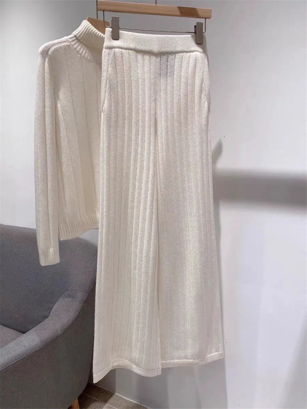 Women New 100% Cashmere Knit Set Turtleneck Sweater And Elasticated Waist Wide Leg Pants Two Piece Sef