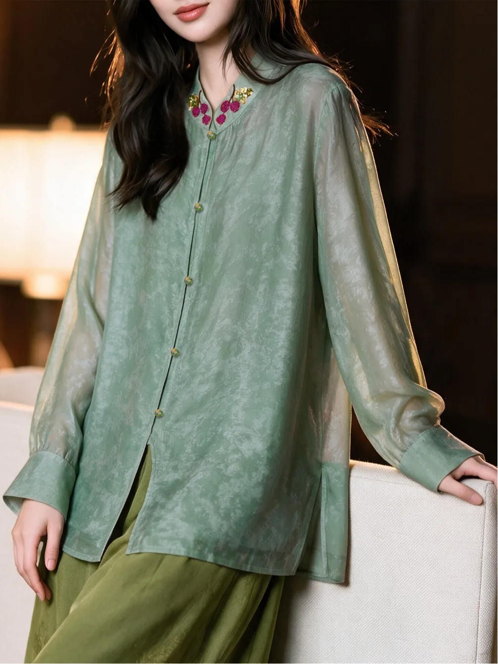 Elegant Chinese Style Stand Collar Embroidered Semi-Transparent Shirt New Arrival Women's Loose Fit Long Sleeve Breathable Po...