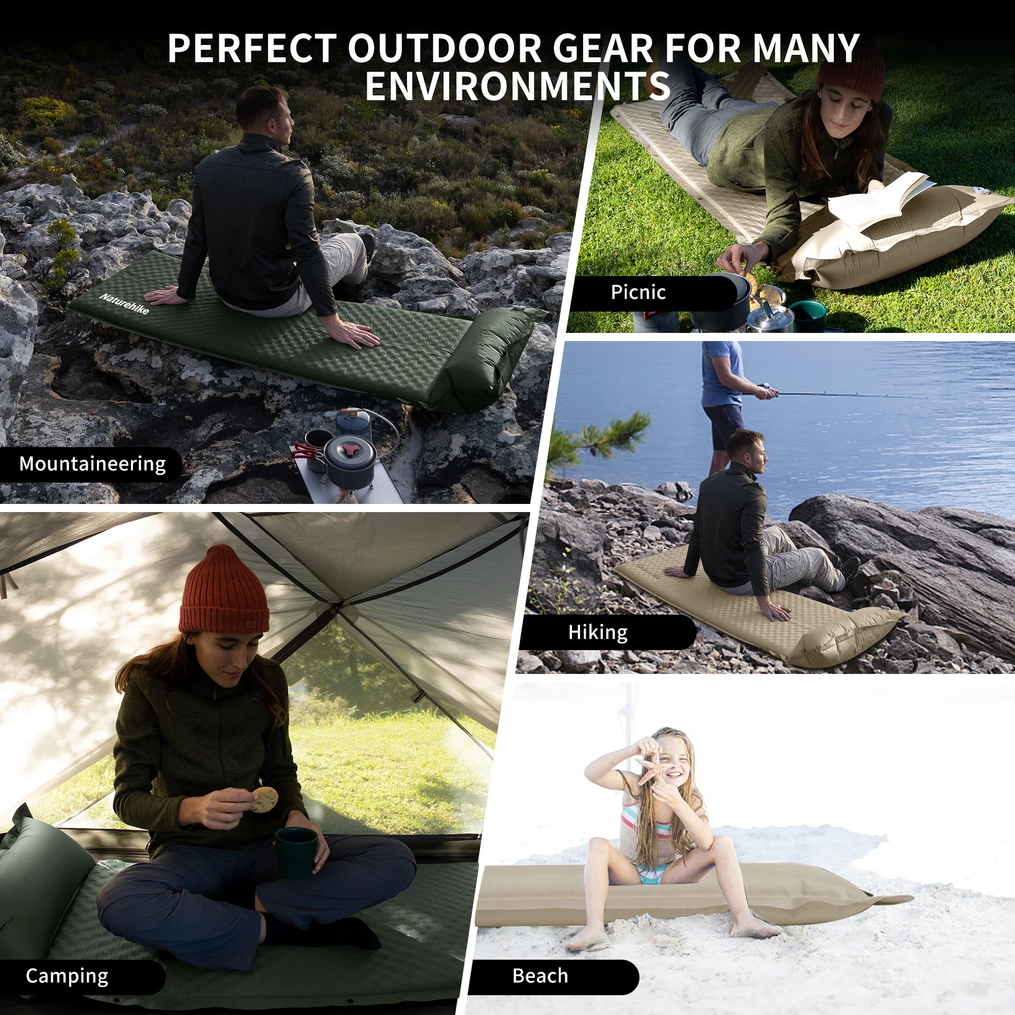 Naturehike 2024 New Camping Self Inflating Mattress 10cm Thicken Splicable Double Air Sleeping Bed Folding Hiking Air Mattress
