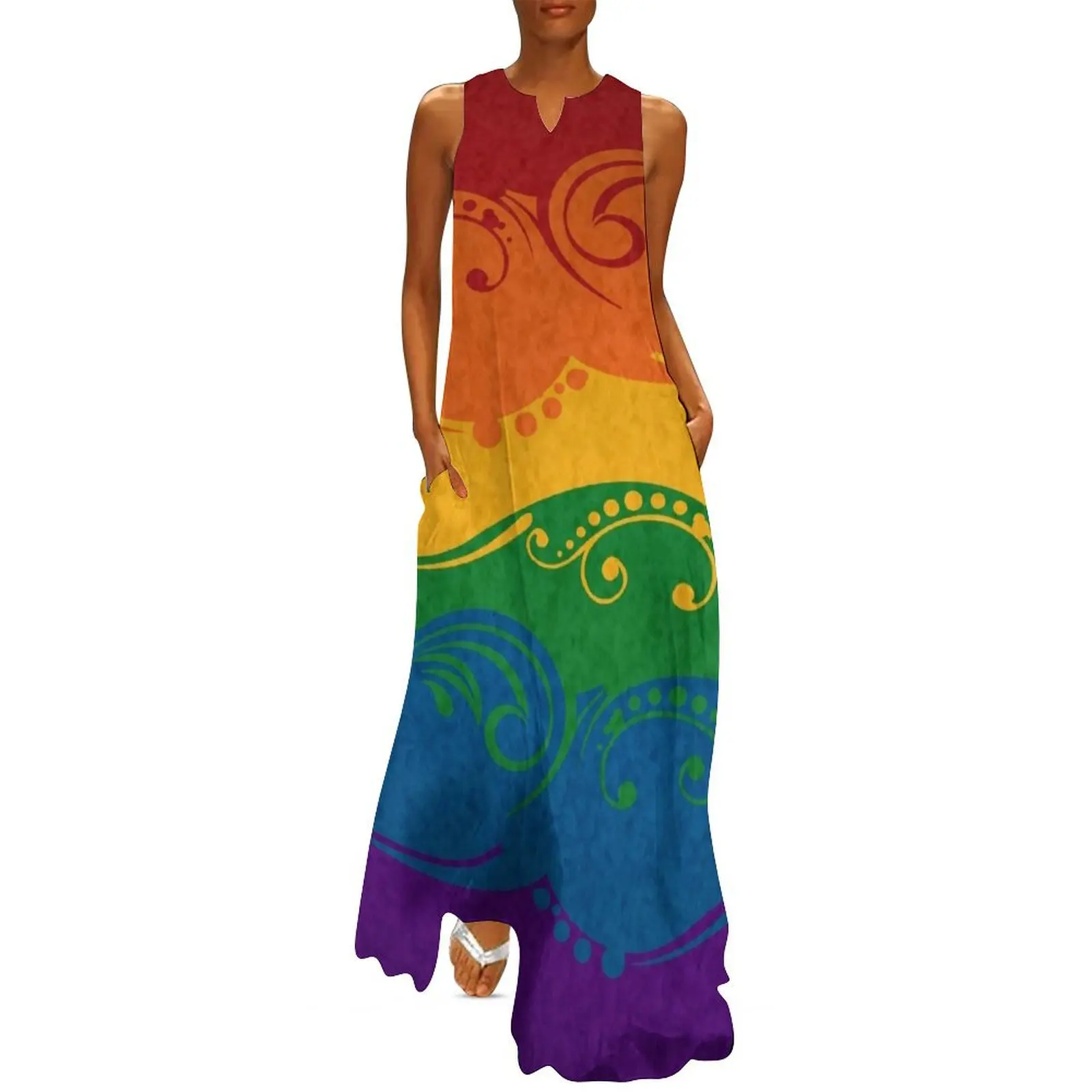 

Fancy Swooped and Swirled LGBTQ Pride Rainbow Flag Background Long Dress bandage dress party dresses women dress korean style