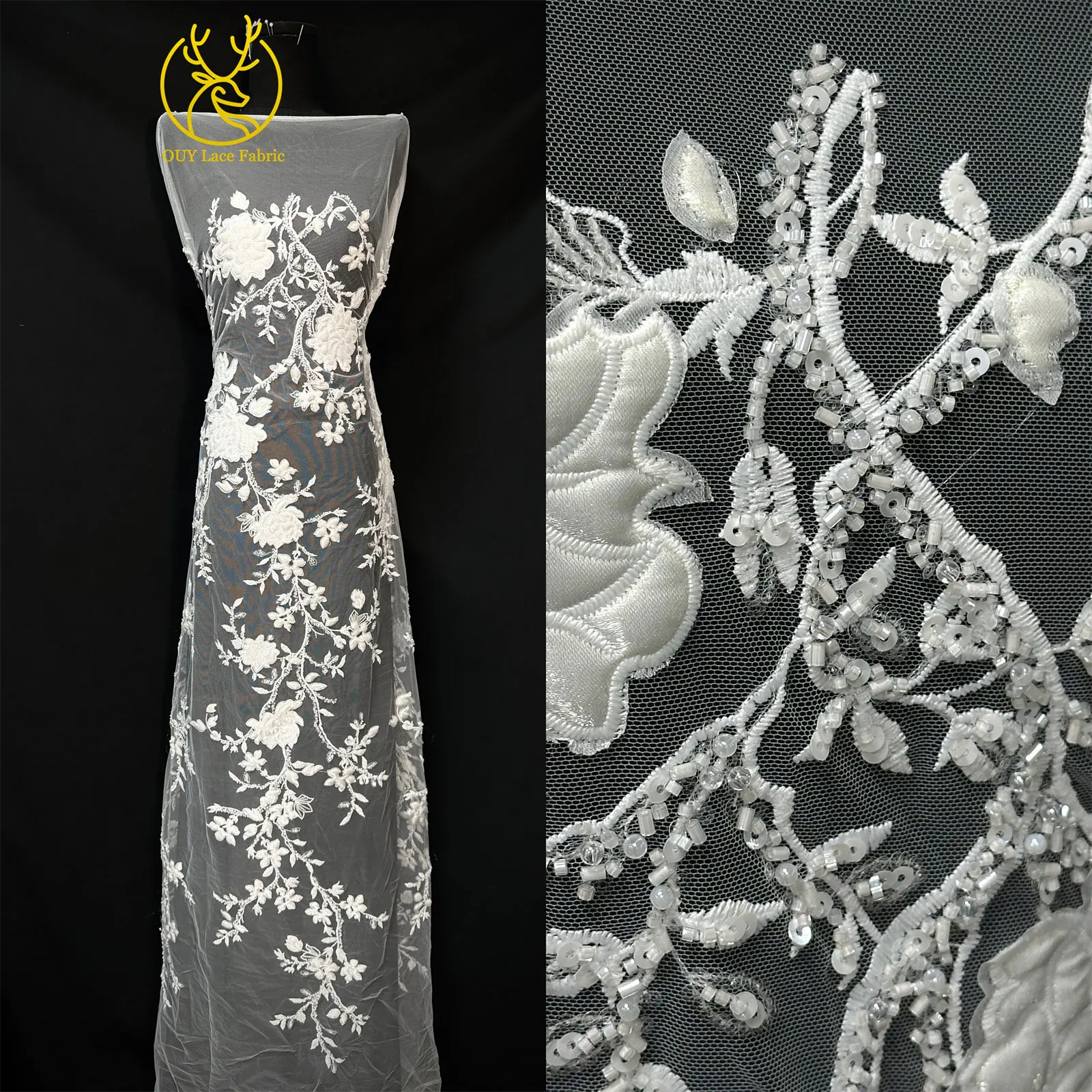 Neue französische Pailletten handgemachte 3D-Blumenperlen-Mesh-Spitze, ziemlich beliebter afrikanischer Hochzeits-Damenstoff, Partykleid-Nähen