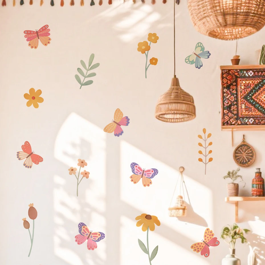 Pink Butterfly Flowers Birds Wall Stickers for Girls Kids Bedroom Wall Decals Wall Art Home Decoration Nursery Wallpapers