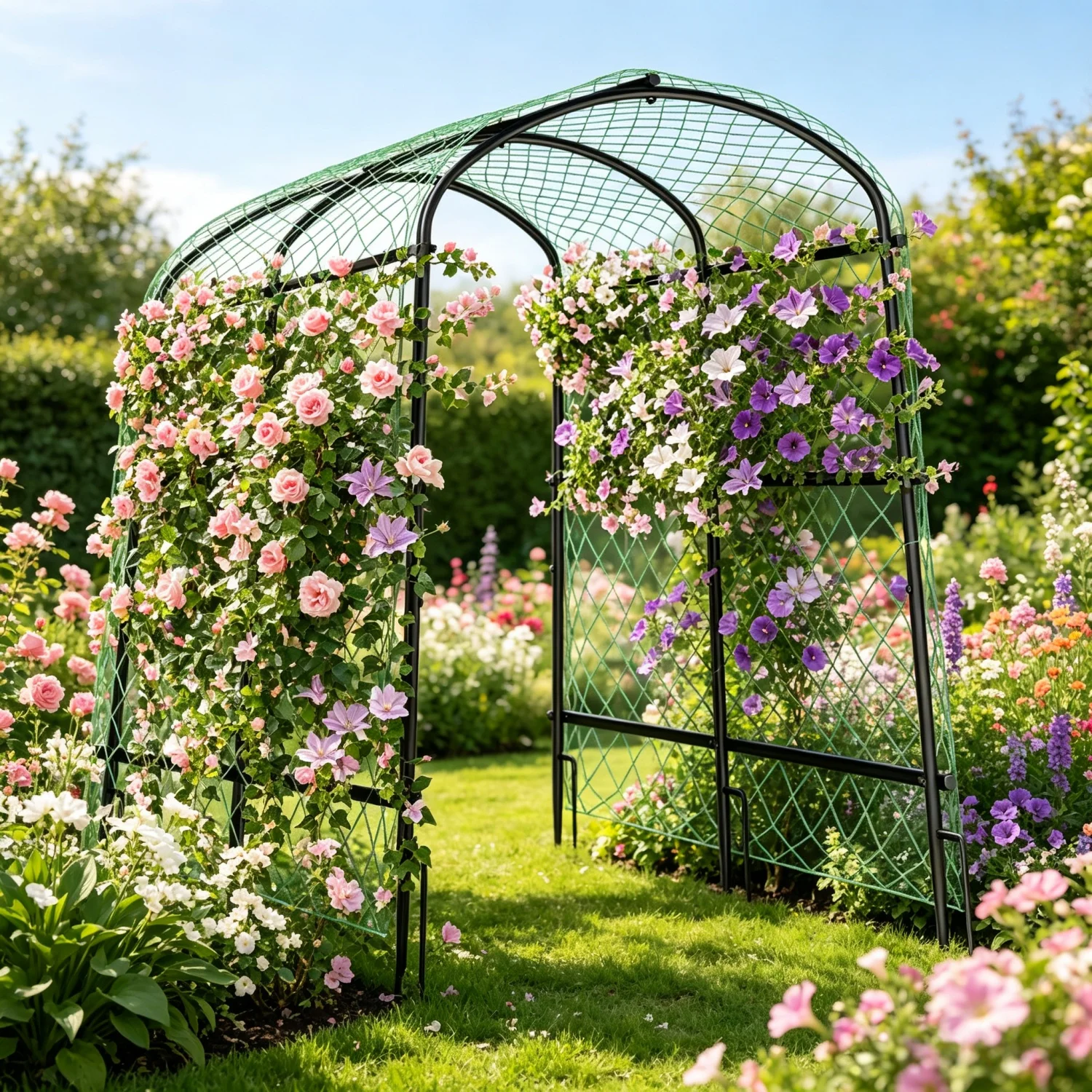 Various Styles Garden Arch Metal Trellis for Climbing Plants Vegetable Cucumber Flower Outdoor Metal Arch Frame Garden Arbors with Nylon Netting