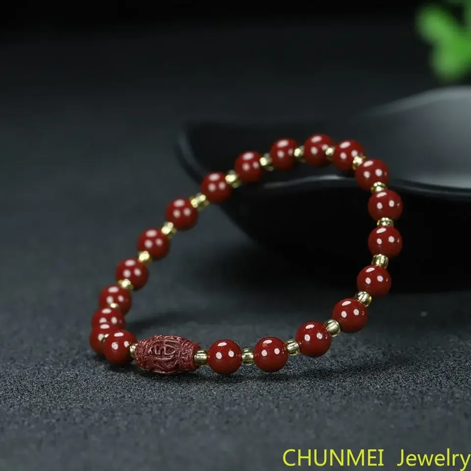 Pure Natural Cinnabar Bracelets High Content of Buddhism Six-character Proverbs Bracelet Buddha Beads Cinnabar 6mm 8mm