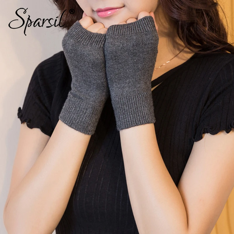 Sparsil Women Winter Cashmere Glove Knitted Fingerless Wool Warm Solid Stretch Half Mitten Lady Cute Cotton Fashion GlovesFemale