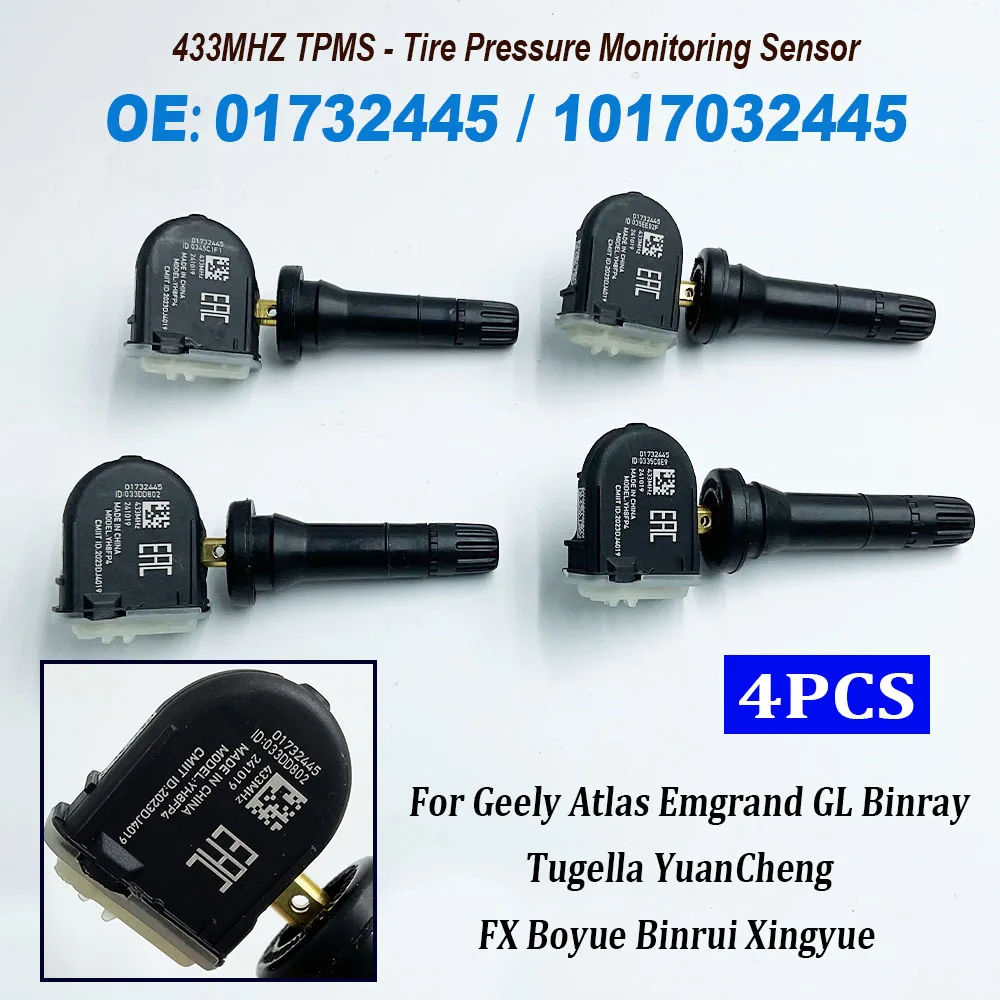 4PCS For Geely Atlas Pro Atlas Tugella L Atlas Emgrand Gse 01732445 1017032445 TPMS Tire Pressure Sensor Monitor System 433MHz