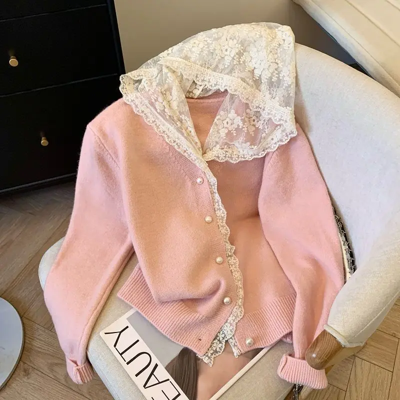 Lace Lace Hooded Sweatshirts Female Fashionable Knitting Cardigan Autumn Winter New Sweater Coat Loose Buttons V-neck Top Tee