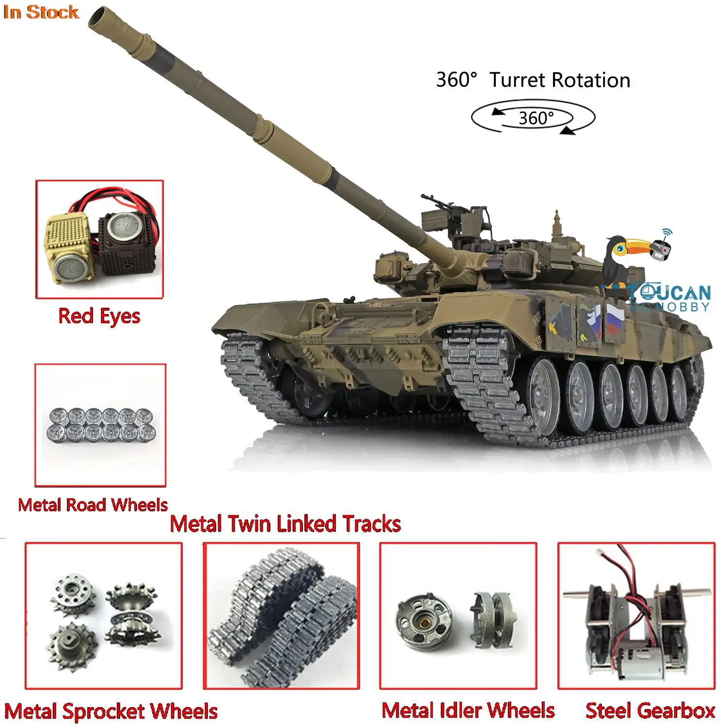 HENG LONG 1/16 7.0 T90 Remote Controlled Tank 3938 360° Turret Metal Tracks W/ Linkages Red Eye Steel Gearbox Army Toys TH17856