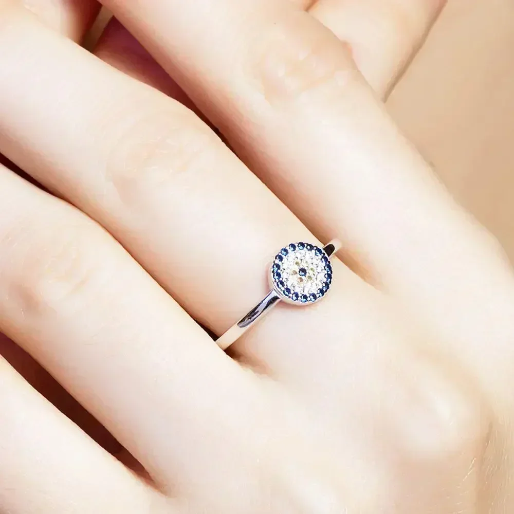 KALETINE Lucky Evil Eye 925 Sterling Silver Ring Charm Round Blue Crystal Finger Rings For Women Gift for Girl Turkey Jewelry
