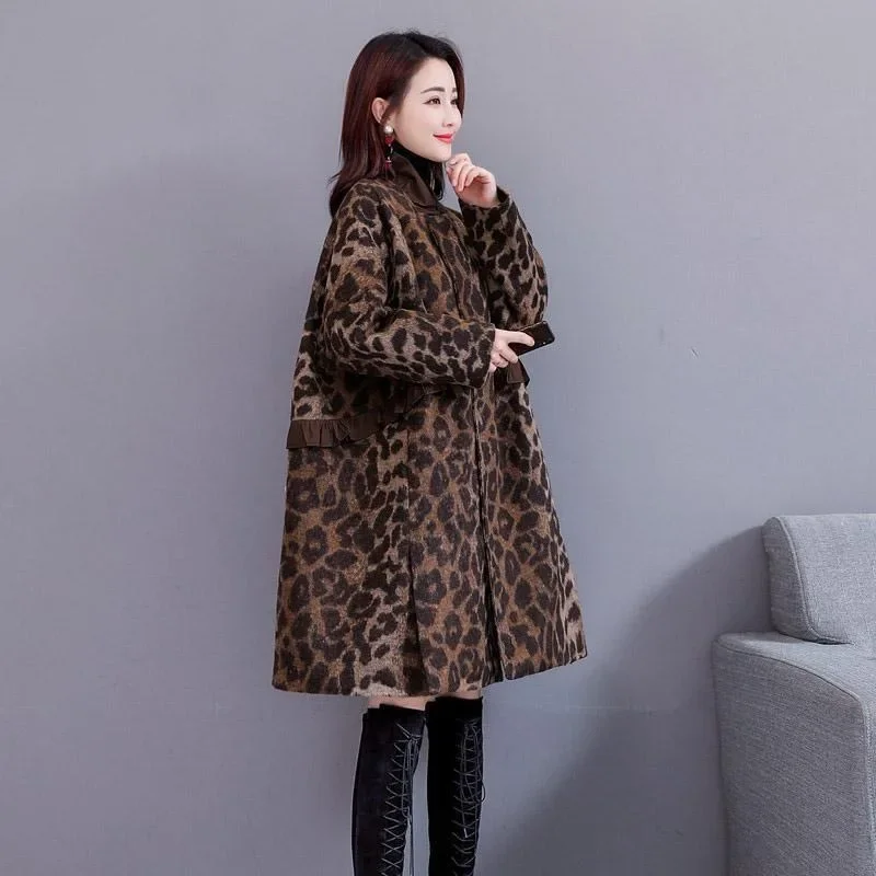 Leoparden muster langer Woll mantel weiblich lose koreanische Version Herbst Winter neu plus Baumwoll mantel Woll mantel Flut Damen bekleidung