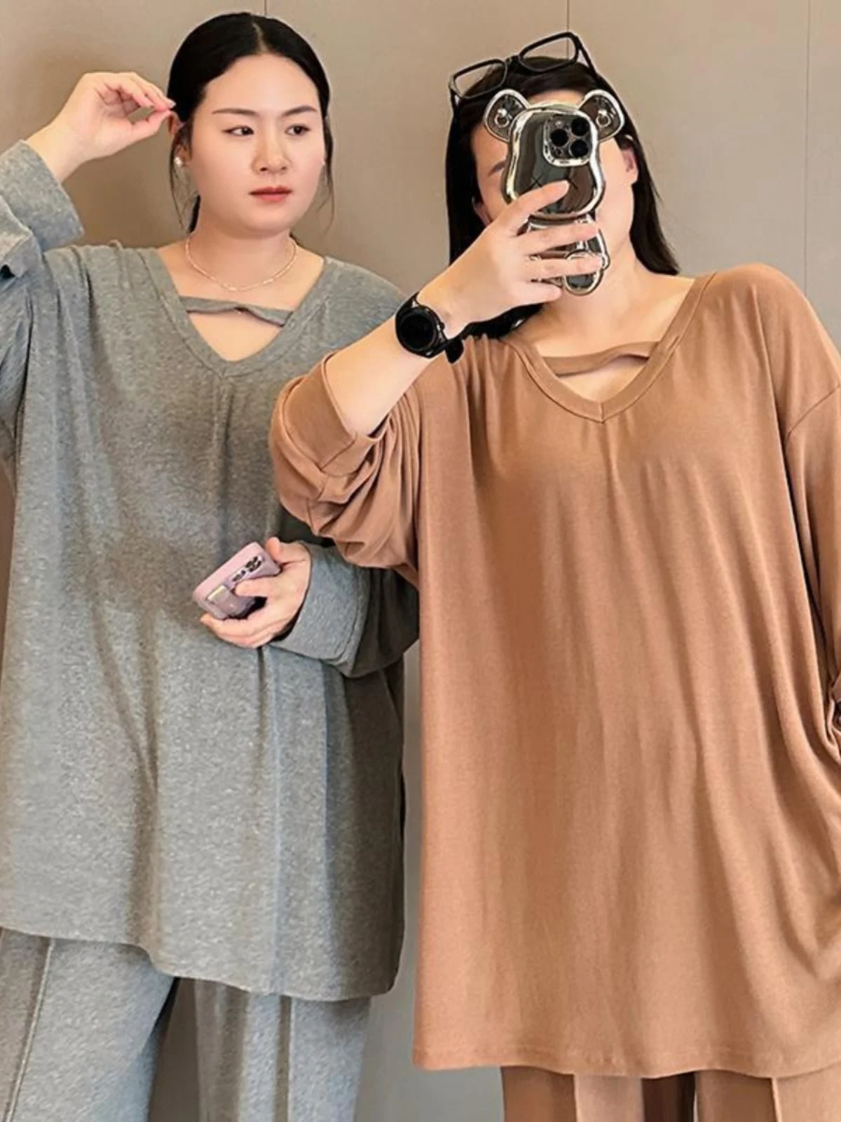 

plus Size Women's Sleepwear Set Casual Loose Thin Home Clothes Pure Color Comfortable V-neck High-waist Fashion Set for plus ...