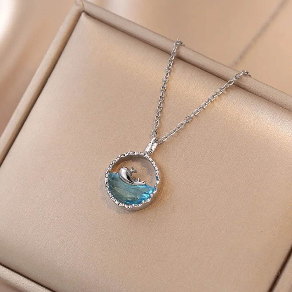 Sweet Blue Crystal Whale Pendant Boho Geometric Sea Whale Minimalist Sweater Chain Girls