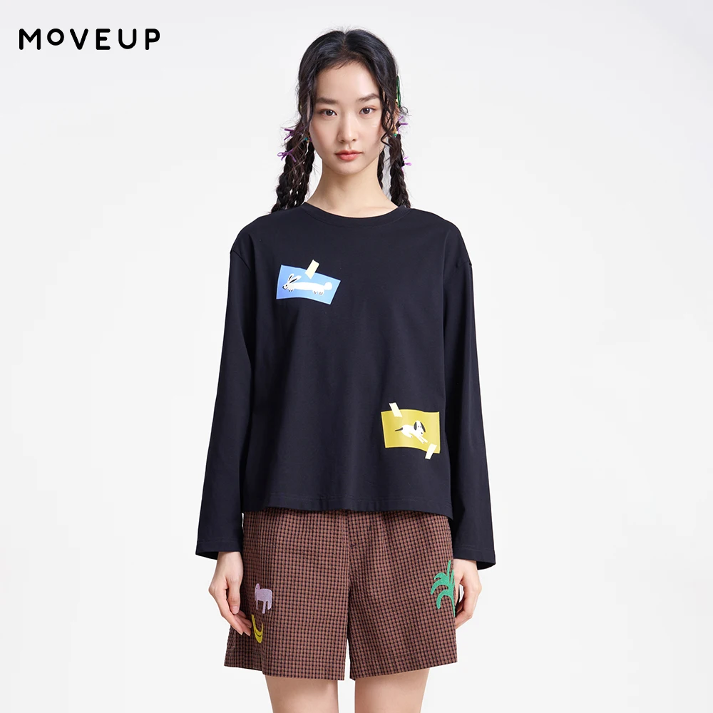 

Футболка MOVEUP с круглым вырезом и длинным рукавом, весна 2026, новая коллекция, из чистого хлопка, с мультяшным принтом животных, свободная повседневная женская кофта 3ELC10528