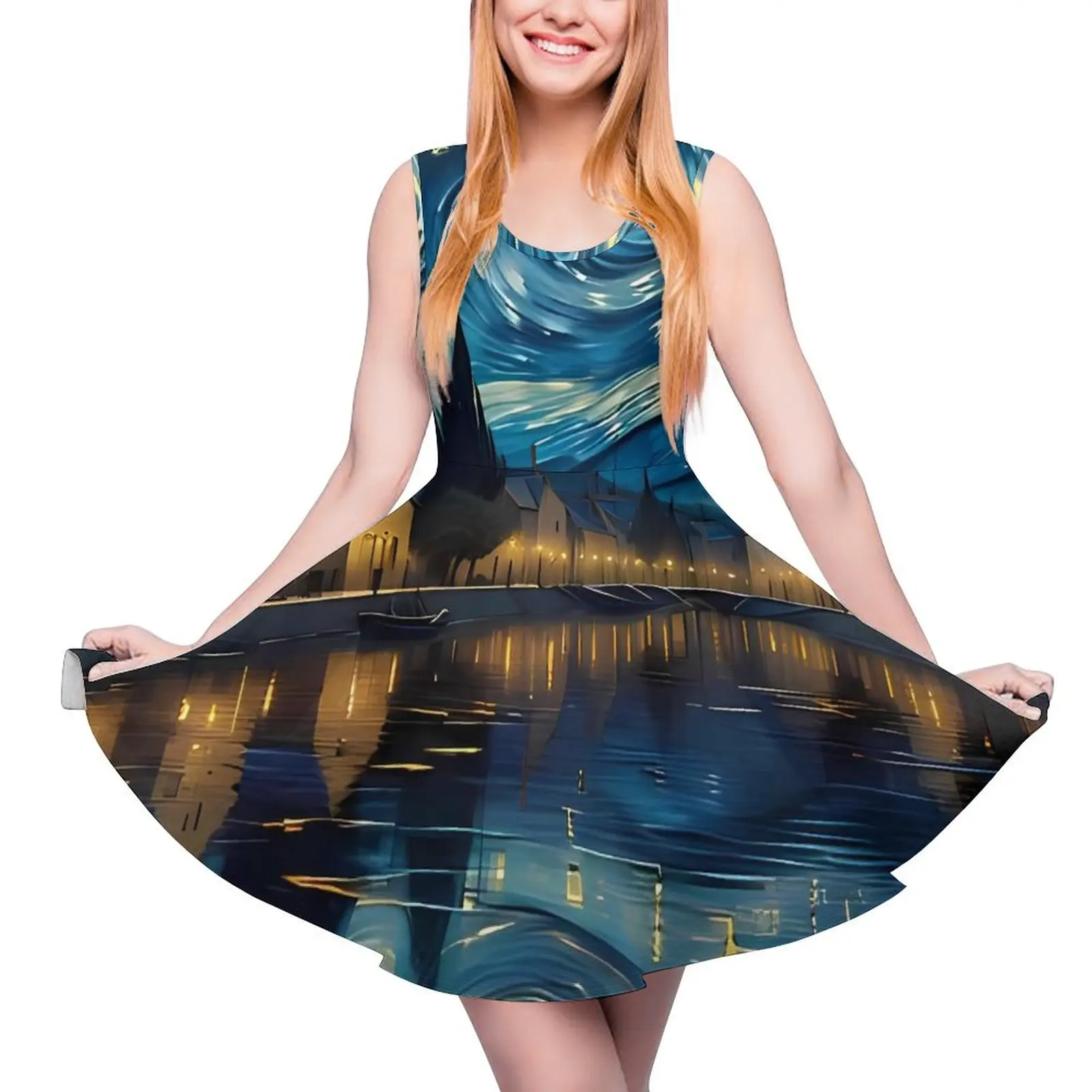 Vincent Van Gogh Starry Night Print Dress High Waist  Casual Dresses Summer Female Oversized Boho Custom Skate Dress