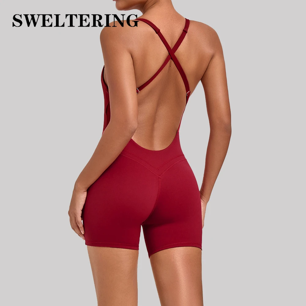 Women Sport Short Tracksuits Yoga Jumpsuit Gym Workout Bodysuit Cross Back Hip Lift Tight One-Piece Female Fitness Yoga Jumpsuit