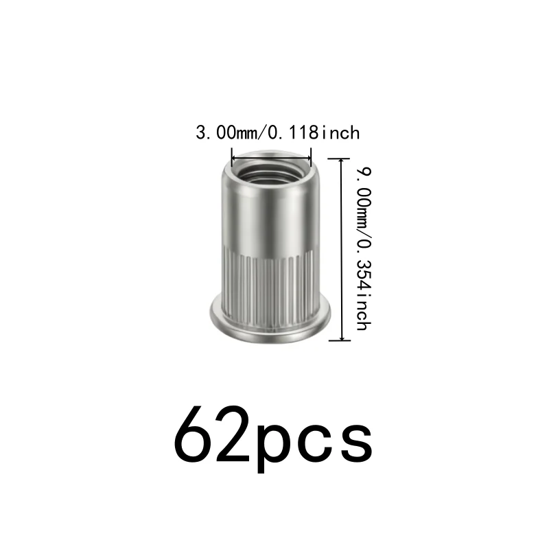 62 pcs M3 Flat Head Rivet Nuts, Flat Head Knurled Body for Furniture Assembly, Multipurpose, Versatile, Practical