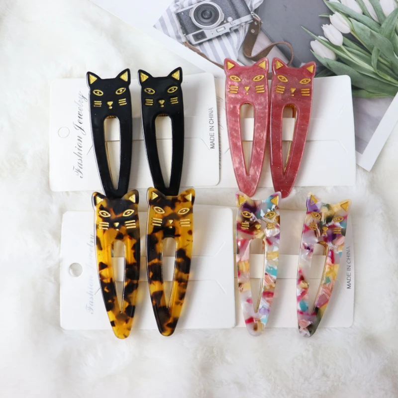 2Pcs/Set Hairpins Cute Cat Acetate Hair Clips Headdress For Women Girls Water Drop Leopard Print Barrettes Hair Accessories Gift