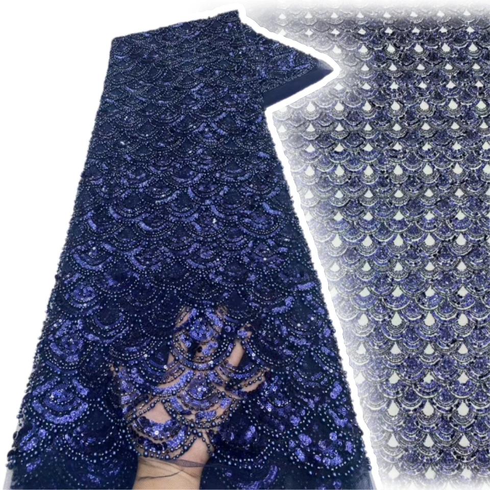 

African Heavy Beaded Lace Fabric French Sequins Lace Fabric Luxury Nigerian Tulle Lace Party & Bridal Gown Fabric 2027