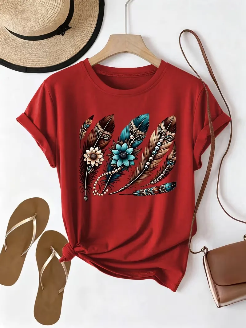 Women Summer Clothing Ethnic Style Colorful Flower Feather Print round neck short sleeved T-shirt Fashion sports and leisure top