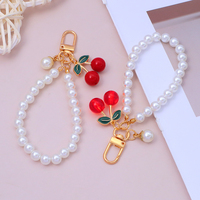 Lovely Cherry Pendant Keychain Pearl Chain Keyring Exquisite Beaded Lanyard Key Holder for Women Purse Earphone Case Accessories