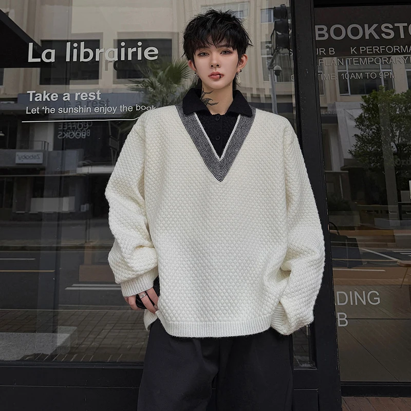 LUZHEN 2026 Winter Fashion Original Handsome Shirts Fake Two Piece Design V-neck Knitted Pullover Men's Korean Sweater JY9201