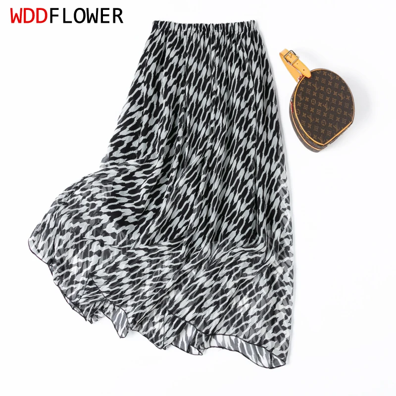 Women Silk Skirt 100% Mulberry Silk White Black Printed Long Type Skirt With Silk Lining Summer Beach Big Hem M1160