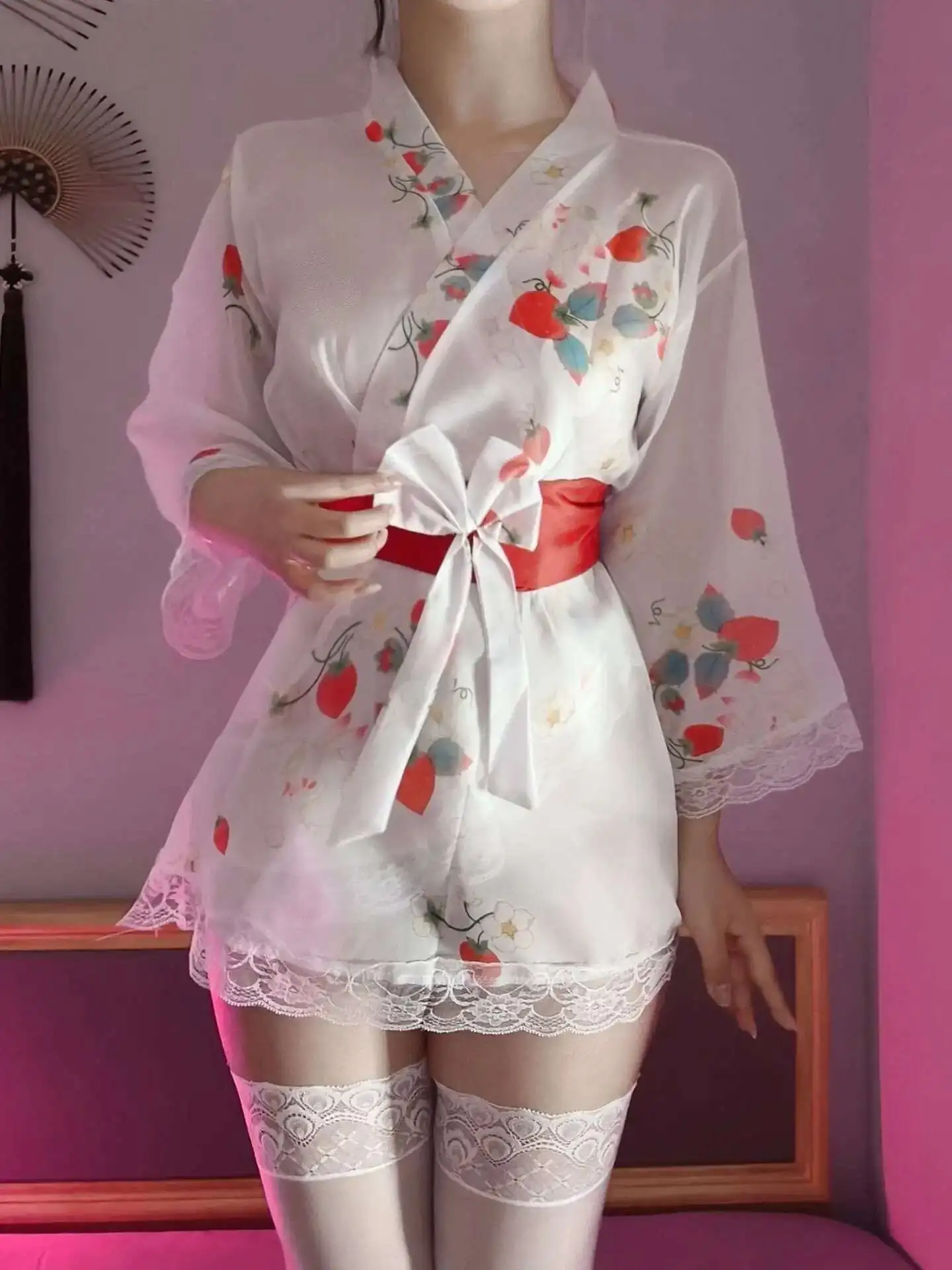 Pure Desire Thin Transparent Style Strawberry Print Bow Kimono Seductive Lace Border Long Sleeves Dress Elegant Charming 6MZ2