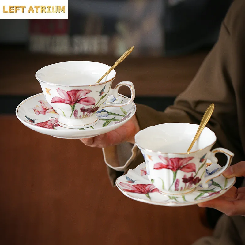 Iris Flower Pattern Mugs Porcelain Cup&saucer Gilding Tableware Coffee Mug Dining Table Afternoon Tea Teacup Fruits Juice Cup