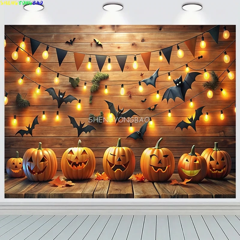 

Halloween Day Autumnal Pumpkins Photography Backdrops Props Maple Leaf Scarecrow Farm Harvest Thanksgiving Background RR-24