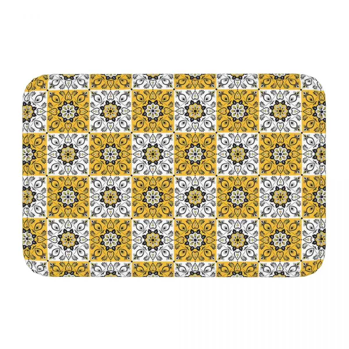 MORROCAN ART Anti-Slip Doormat Kitchen Mat Tile Style Seamless Geometric Checkered Pattern Yellow And White Balcony Carpet