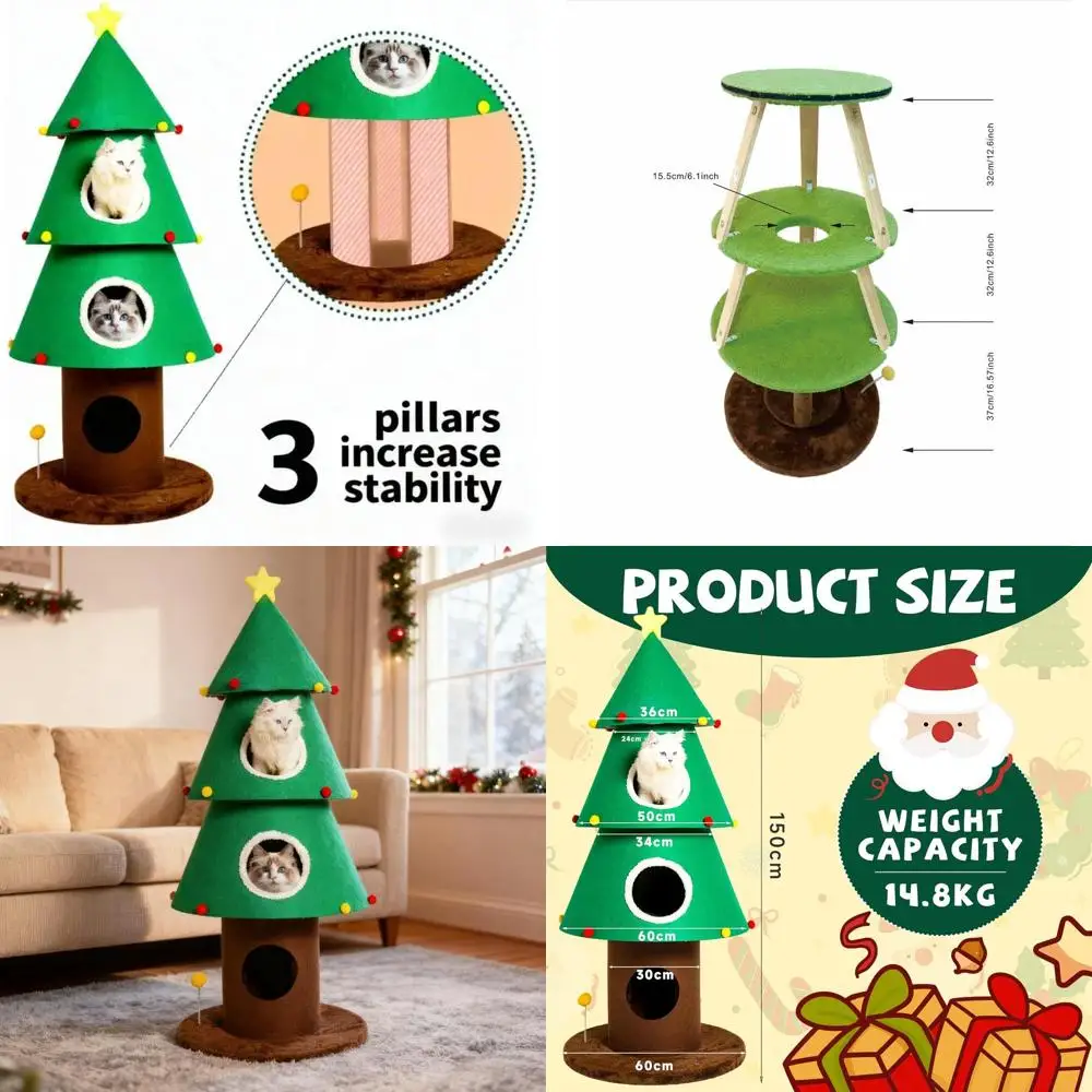 

59-Inch Tall Christmas-Themed Cat Tree with 3 Houses and Teaser Toy for Indoor Feline Play