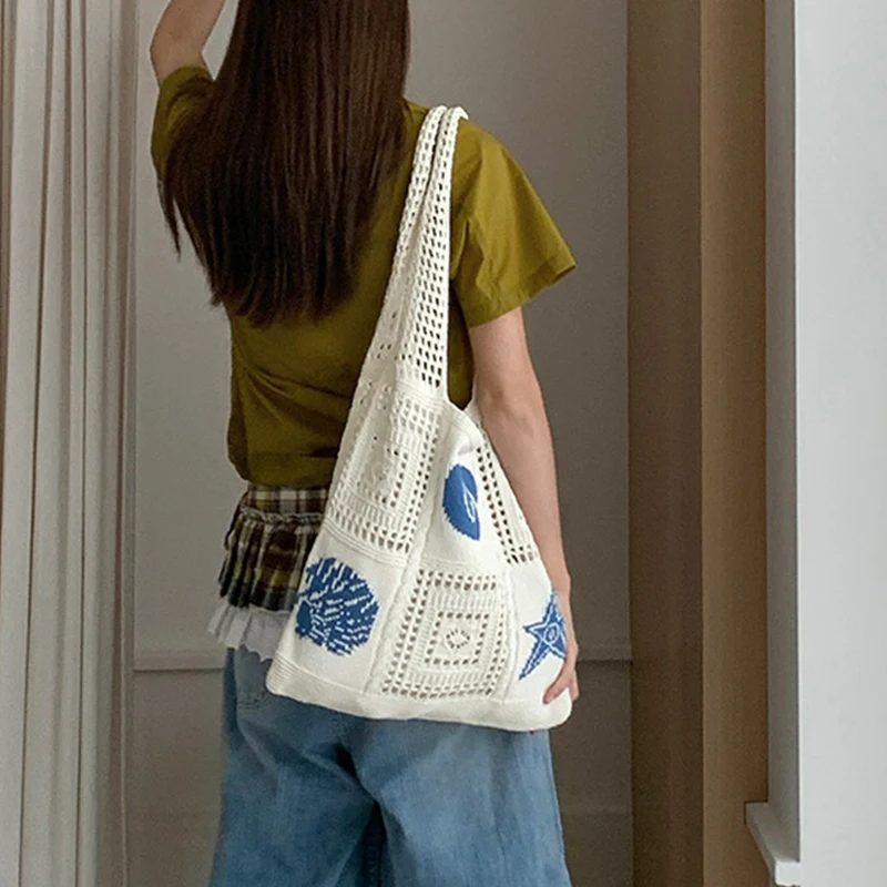 Designer-Stricktaschen mit großem Fassungsvermögen, Damen-Sommer-Strandtasche, lässige, hohl gewebte Unterarm-Umhängetasche – Detail 11