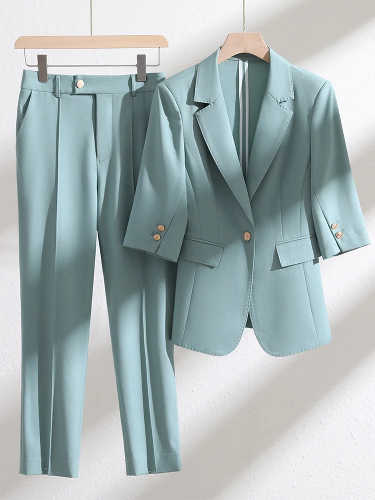 

Blazer and Pant Suit for Women Formal 2-Piece Set for Office Ladies Green Yellow Beige Pink Business Work Wear Spring Summer