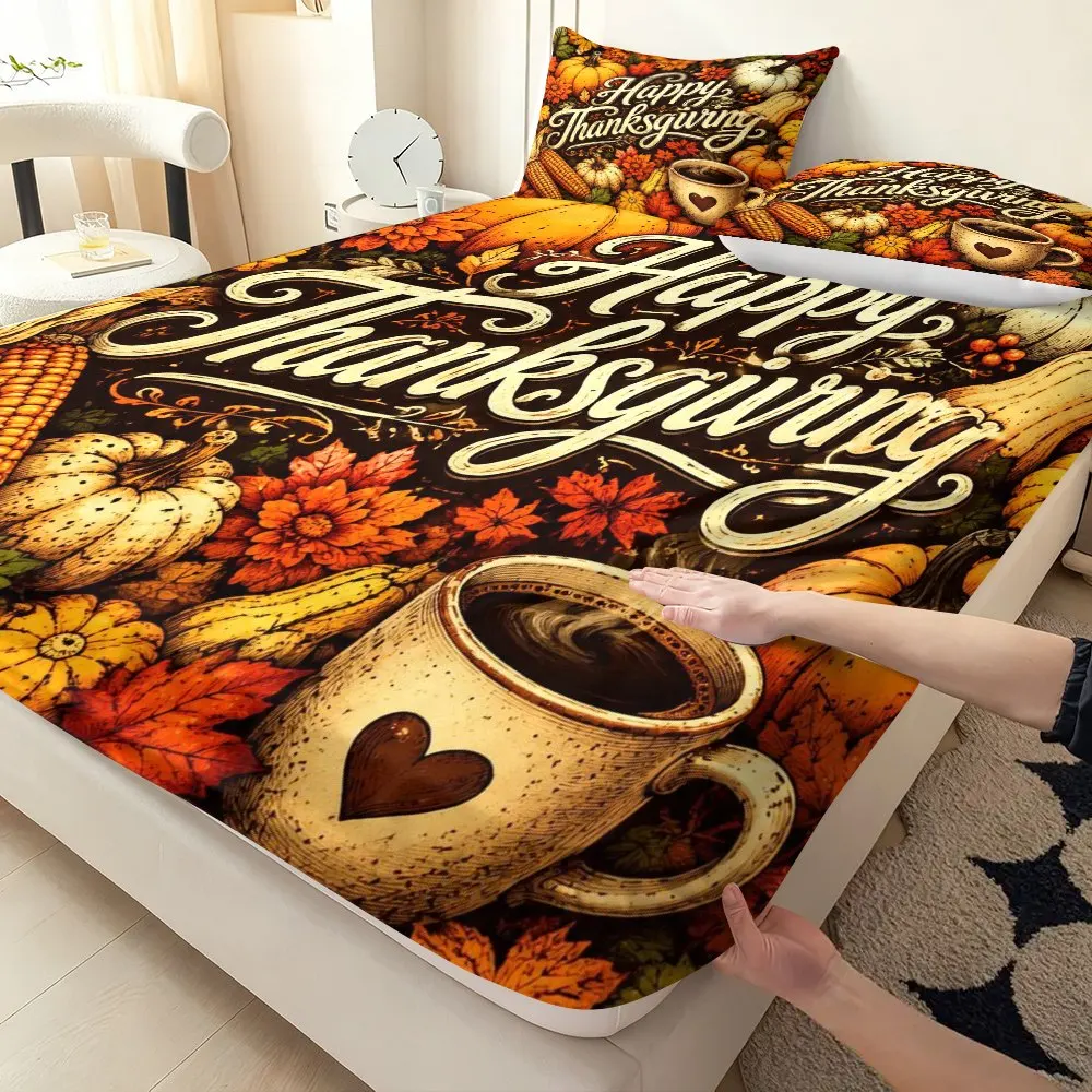 3-Piece Mattress Protector Set, Autumn-Themed Fitted Sheet Set, Thanksgiving Theme, Decorative Bedding, Mattress Protector for Bedroom, Hotel, Resort Decoration, Mattress Cover, Stain-Resistant, Suitable for All Seasons, Machine Washable, Easy to Care For, Universal for Home Bedrooms, Essential for Dormitories and Rentals, Master Bedroom Decoration, Dust-Proof and Stain-Resistant, High Elasticity, Fits Various Sizes