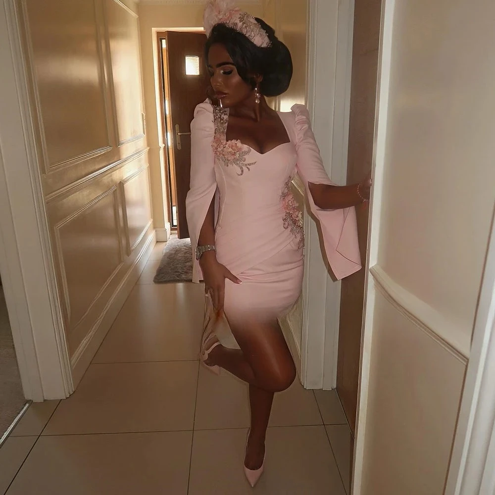 Pink Mini Short Cocktail Dress For Women Sheath Cocktail Gown Above Knee Length Appliques Sweetheart Long Sleeves Party Gown image 2